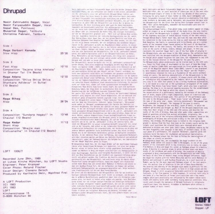 Dagar Brothers – Dhrupad (Double LP | Loft 1006/7 | Germany, 1983) 8 Dagar Brothers – Dhrupad (Double LP | Loft 1006/7 | Germany, 1983) Dagar Brothers: Nasir Zahiruddin Dagar & Nasir Faiyazuddin Dagar - Dhrupad - Double LP Loft 1006/7 (Germany 1983)