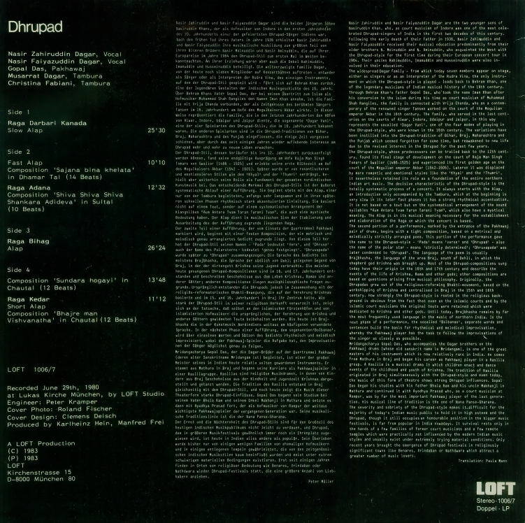Dagar Brothers – Dhrupad (Double LP | Loft 1006/7 | Germany, 1983) 7 Dagar Brothers – Dhrupad (Double LP | Loft 1006/7 | Germany, 1983) Dagar Brothers: Nasir Zahiruddin Dagar & Nasir Faiyazuddin Dagar - Dhrupad - Double LP Loft 1006/7 (Germany 1983)